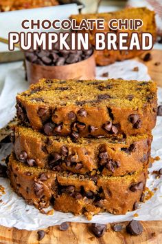 chocolate chip pumpkin bread stacked on top of each other