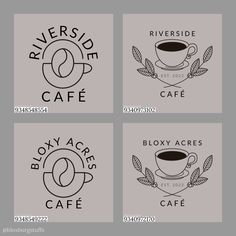 four logos for coffee shops and cafes, with the words riverside cafe on them