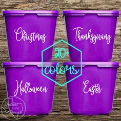 three purple plastic buckets with the words thanksgiving, halloween, and christmas written on them