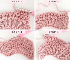 four photos showing how to crochet the top part of an object with three different stitches