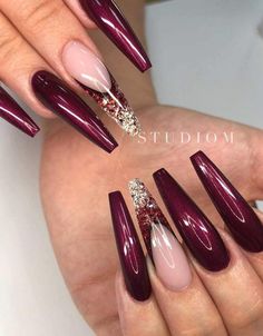 Maroon Nail Designs, Burgundy Acrylic Nails, Nails With Glitter, Sassy Nails, Finger Nails