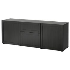 a black cabinet with three doors and two drawers on one side, in front of a white background