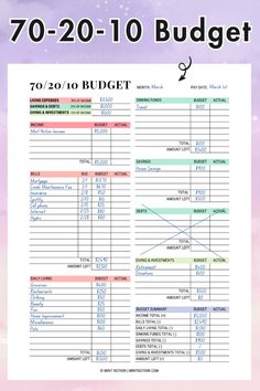 a printable budget sheet with the words, 70 - 20 - 10 budget on it