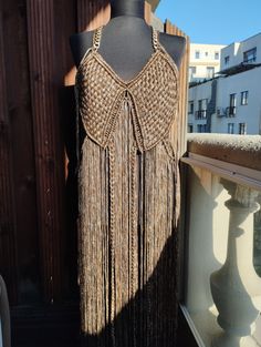 "You can wear this beautiful hand made dress as a beach wear, festival dress, etc. This boho dress is S-M size Model dimensions: Bust 31\", Waist 24\", Hip 35\"     NOTE: The dress could be only hand washed, just steam ironing. All our items are made to measure, and handmade.  We want to ensure a perfect fit of your individually customized garment, so once you place your order please send us a message with your measurements. (Waist circumference, Bust circumference, height and cup size)   If you Bohemian Fringe Midi Dress For Beach, Brown Summer Midi Dress For Party, Brown Summer Party Midi Dress, Brown Midi Dress For Summer Parties, Beige Tassel Festival Dress, Beige Tassel Dress For Festival, Sleeveless Fringe Mini Dress For Festivals, Bohemian Sleeveless Midi Dress For Party, Beige Festival Dress With Tassels