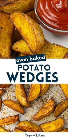 Roasted potato wedges with ketchup. Oven Baked Potato Wedges, Baked Potato Wedges Recipe, Oven Baked Potato, Beach Eats, Baked Potato Wedges, Easy Keto Bread Recipe, Keto Bread Recipe, Keto Banana Bread, Potato Wedges Recipe