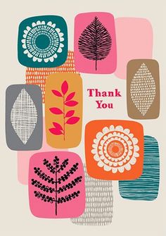 a thank card with colorful flowers and leaves on the front, in pink, blue, orange