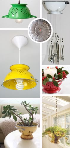 four different types of kitchen lights hanging from the ceiling and in pots on the table