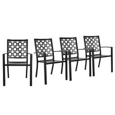 four black chairs sitting next to each other