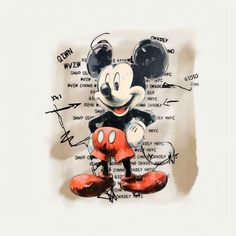 a drawing of mickey mouse holding a red object