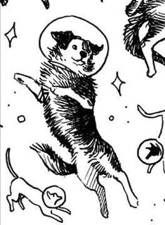 a black and white drawing of a dog flying through the air