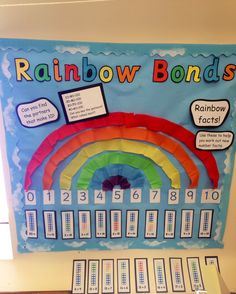 a bulletin board with numbers and rainbows written on the front for kids to learn