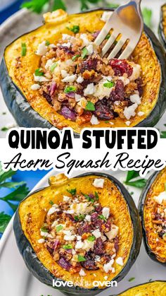 stuffed acorna squash recipe with spinach and feta cheese on the side