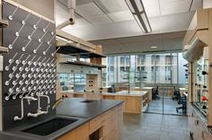 an office with lots of counter space and hanging hooks on the wall above the sink