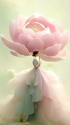 a woman in a white dress standing next to a large pink flower with petals on it