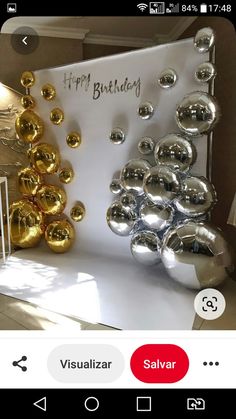 an image of a happy birthday card with gold balloons on the front and back of it