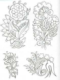 some flowers and leaves are drawn in the style of embroidery on fabric, including one with swirls