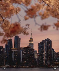 the empire state building is seen from across the water