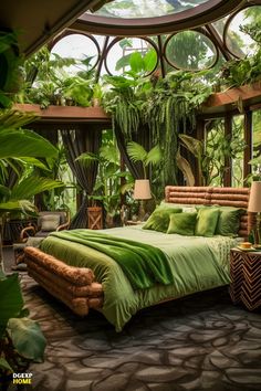 Large tropical bedroom with an exotic green and brown color scheme, featuring hanging plants, bamboo furniture, and tropical prints, illuminated by a refreshing skylight. Nature Inspired Bedroom, Forest Bedroom, Jungle Bedroom, Natural Bedroom Decor, Forest Room, Jungle House, Natural Bedroom, Tropical Bedrooms, Bed Design Modern