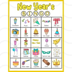 a new year's bingo game with pictures and words on the front, in yellow frame