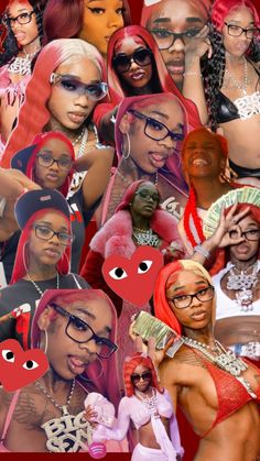 a collage of black women with different colored hair and glasses, all wearing heart shaped sunglasses