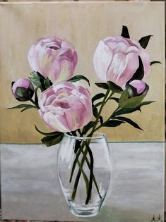 a painting of pink flowers in a glass vase