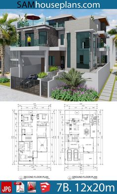 two story house plan with floor plans and measurements