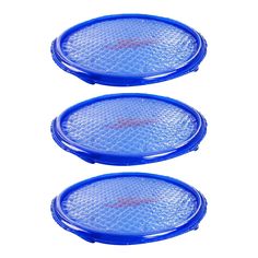 two blue plastic plates sitting on top of each other