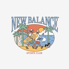 the new balance sports club logo on a white t - shirt with an image of a man holding a surfboard