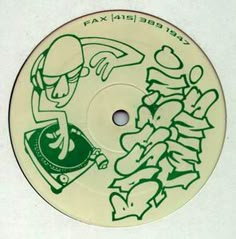 a green and white label with an image of a man holding a record player