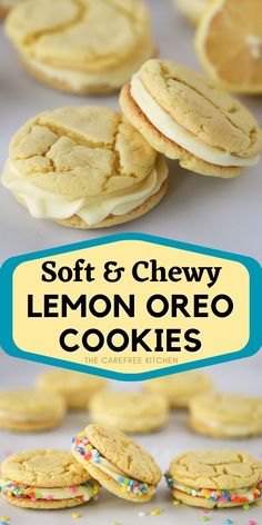 soft and chewy lemon oreo cookies on a table with sprinkles