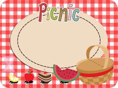 an image of picnic items on a checkered tablecloth with the word picnic written in large letters