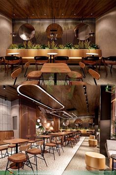 the interior of a restaurant with wooden tables and chairs, plants and mirrors on the wall