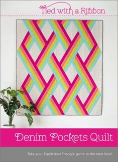 a book cover with a pink and green quilt on the wall next to a potted plant