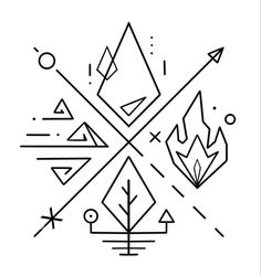 a black and white line drawing of geometric shapes with arrows in the middle, on a white background