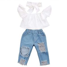 Headband Outfit, Outfit Jeans, Boring Clothes, Long Jeans, Kids Outfits Girls, Ripped Denim, Off Shoulder Tops, Fashion Kids