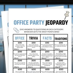 the office party jeepardy game is on display in front of a window