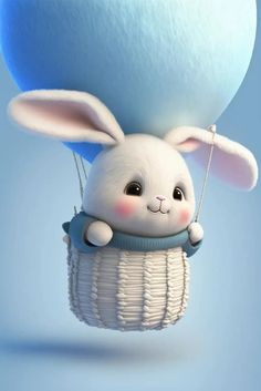 a white rabbit in a basket with a blue balloon on it's back, flying through the air