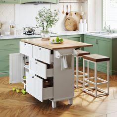 a kitchen island with two stools in front of it