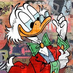 a painting of a duck wearing a red suit and bow tie with money in his hand