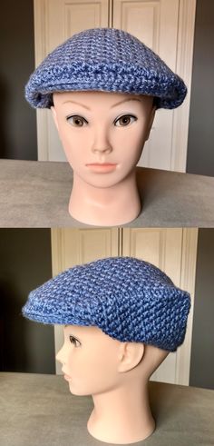 two photos of a mannequin head wearing a blue hat