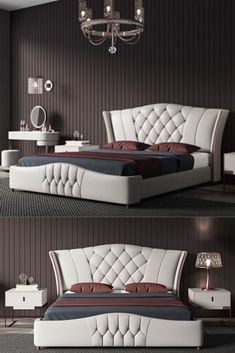 three different views of a modern bedroom with chandelier, bed and nightstands