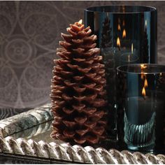 three pine cones are sitting on a tray with candles in the middle and one is lit