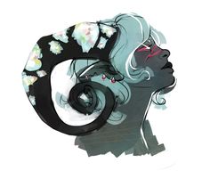 a drawing of a woman with flowers on her hair and an ear ring in the shape of a snake