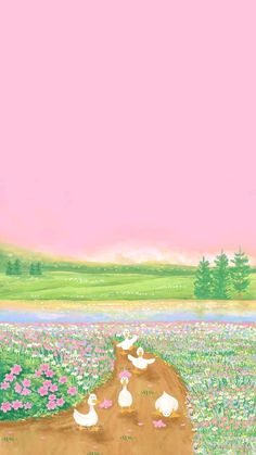 a painting of geese walking down a dirt road in a field with flowers and trees