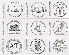 six different logos for the library and other things to see on this page, including books