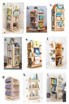 several different types of bookshelves and shelves for children's playrooms