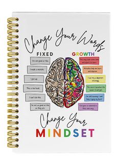 a spiral notebook with the words change your minds and a drawing of a brain