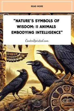 some black birds sitting on top of a wooden structure with the words nature's symbols of