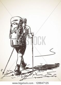 a man with a backpack and skis is going up the hill hand drawn illustration