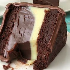 a piece of chocolate cake on a white plate